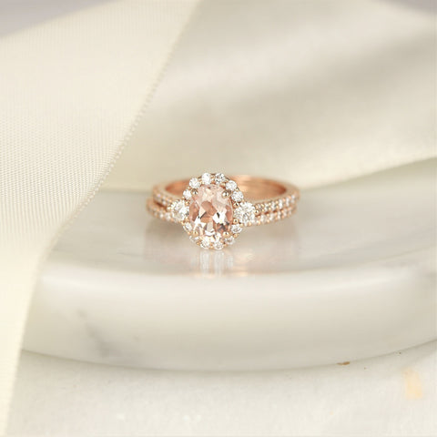 Bridgette 8x6mm 14kt Gold Morganite Diamond Unique Halo Bridal Set,Morganite Engagement Ring Set,Morganite Halo Ring,Unique Wedding Ring