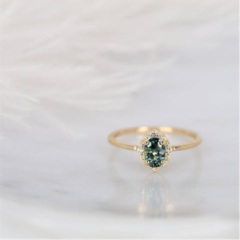 0.87ct Ready to Ship Mini Mae 14kt Gold Green Tea Teal Sapphire Diamond Oval Halo Ring