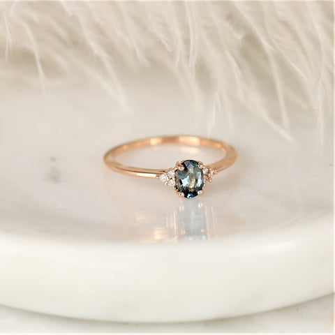 0.61ct Ready to Ship Juniper 14kt Rose Gold Ocean Blue Teal Sapphire Diamond Art Deco Oval Cluster Ring