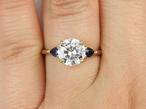 2cts Ready to Ship Elise 8mm 14kt Solid Gold Moissanite Sapphire Dainty Minimalist Cluster Round 3 Stone Engagement Ring