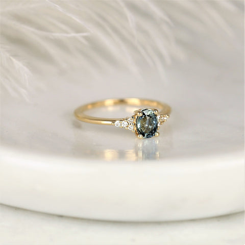 0.85ct Ready to Ship Maddy 14kt Gold Ocean Teal Sapphire Diamond Dainty Oval Cluster Ring