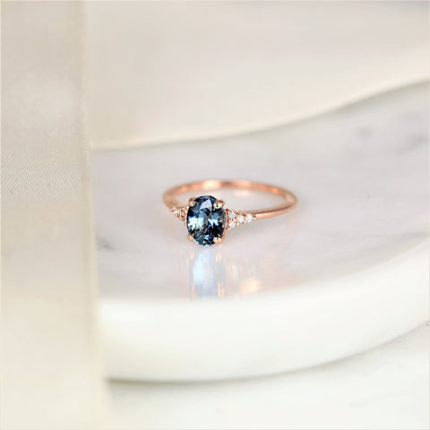 1.71ct Ready to Ship Maddy 14kt Rose Gold Ocean Teal Sapphire Diamond Dainty Oval Cluster Ring, Rosados Box