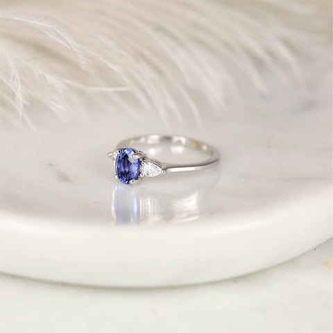 1.11ct Ready to Ship Emery 14kt White Gold Lavender Cornflower Blue Sapphire Diamond Pear 3 Stone Oval Ring
