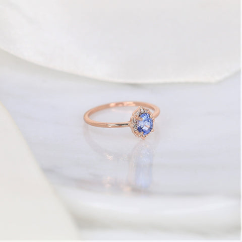 0.65ct Ready to Ship Mini Mae 14kt Rose Gold Cornflower Lavender Sapphire Diamond Oval Halo Ring
