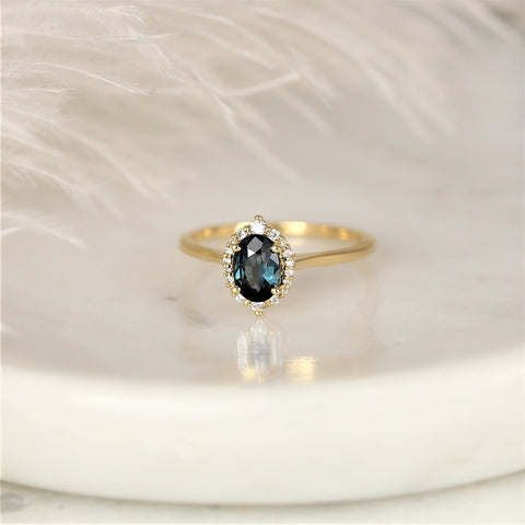 0.98cts Ready to Ship Electra 14kt Gold Deep Ocean Teal Sapphire Diamond Art Deco Shield Unique Oval Halo Ring