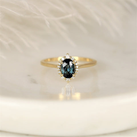 0.98cts Ready to Ship Electra 14kt Gold Deep Ocean Teal Sapphire Diamond Art Deco Shield Unique Oval Halo Ring