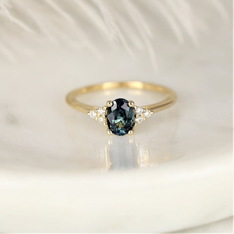 0.95ct Ready to Ship Juniper 14kt Gold Ocean Teal Sapphire Diamond Dainty Oval Cluster Ring