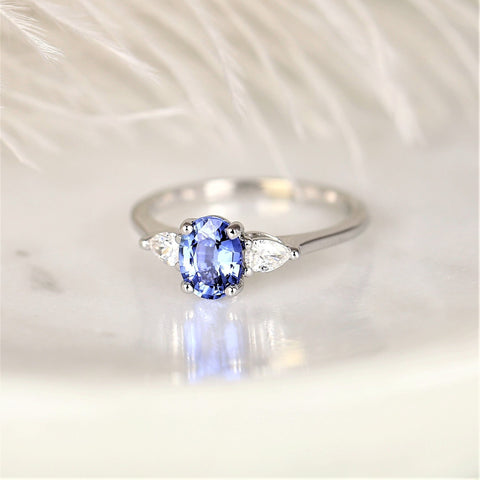 1.11ct Ready to Ship Emery 14kt White Gold Lavender Cornflower Blue Sapphire Diamond Pear 3 Stone Oval Ring
