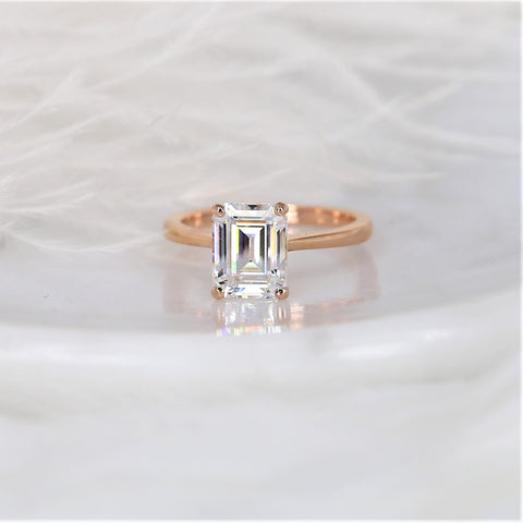 2.60ct Ready to Ship Skinny Norma 9x7mm 14kt Rose Gold Moissanite Dainty Emerald Engagement Ring,Emerald Cut Solitaire Ring