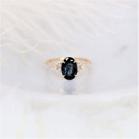 2.97ct Aspen 14kt Gold Ocean Teal Sapphire Diamond Minimalist Oval Cluster Ring