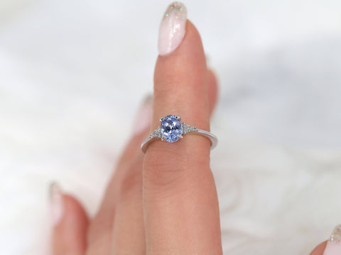 1.35ct Ready to Ship Maddy 14kt White Gold Cornflower Lavender Sapphire Diamond Dainty Oval Cluster 3 Stone Ring,Gift For Her