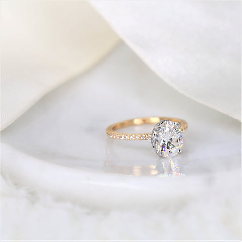 2ct TWO TONED Viviana 9x7mm 14kt Gold Moissanite Diamond Scarf Halo Oval Solitaire Ring