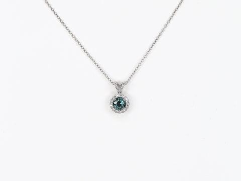 Ready to Ship Gemma 0.59ct 14kt White Gold Teal Sapphire Diamond Round Halo Necklace,Unique Sapphire Necklace,Anniversary Gift,Birthday Gift
