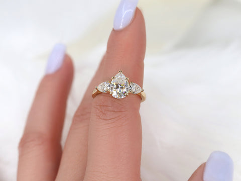 2ct Kasey 10x7mm 14kt Gold Moissanite Pear Three Stone Ring