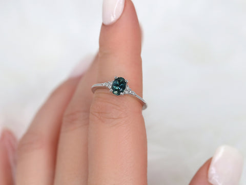 0.79ct Ready to Ship Maddy White 14kt Gold Peacock Teal Montana Sapphire Oval Cluster Ring