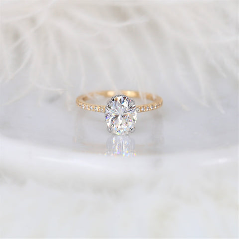 2ct TWO TONED Viviana 9x7mm 14kt Gold Moissanite Diamond Scarf Halo Oval Solitaire Ring