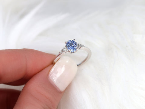 1.04ct Ready to Ship Maddy 14kt White Gold Cornflower Sapphire Diamond Oval Cluster 3 Stone Ring