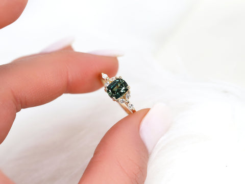 1.30ct Ready to Ship Geneva 14kt Gold Peacock Teal Sapphire Diamond Cushion Cluster Ring