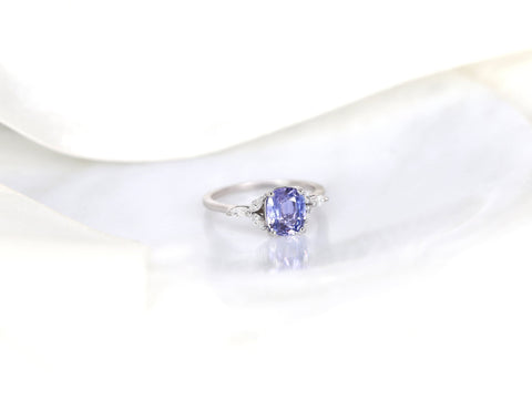 1.83ct Ready to Ship Geneva 14kt White Gold Lilac Purple Sapphire Diamond Cushion Three Stone Ring