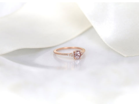 0.80cts Ready to Ship Maddy 14kt Rose Gold Blush Peach Sapphire Diamond Cluster 3 Stone Oval Ring,Unique Sapphire Ring