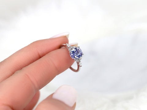 1.83ct Ready to Ship Geneva 14kt White Gold Lilac Purple Sapphire Diamond Cushion Three Stone Ring
