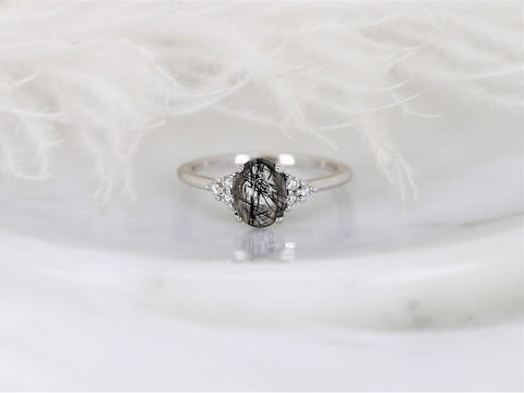 Juniper 8x6mm 14kt White Gold Tourmalinated Quartz Diamond Art Deco 3 Stone Oval Ring,Oval Cluster Ring,Quartz Ring,Gift For Her