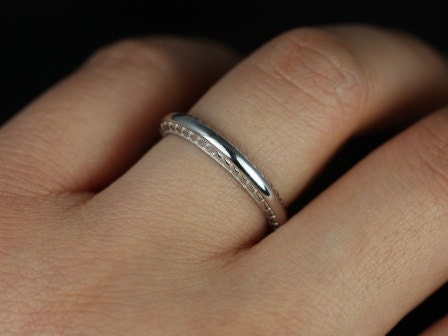 Ready to Ship Alexis 14kt White Gold Vintage Engraved Leaves Wide Knife Edge ALMOST Eternity Ring