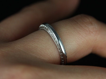 Ready to Ship Alexis 14kt White Gold Vintage Engraved Leaves Wide Knife Edge ALMOST Eternity Ring