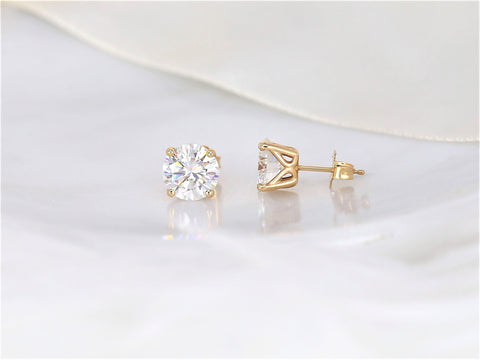 4ct Ready to Ship Donna 8mm 14kt YELLOW Gold Moissanite Leaf Gallery Basket Round Stud Earrings,Round Studs,Round Earrings,Moissanite Studs