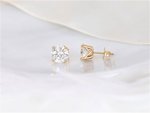 Ready to Ship Donna 7mm 14kt YELLOW Gold Moissanite Leaf Gallery Basket Round Stud Earrings,Round Earrings,Round Studs,Stud Earrings