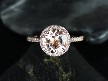 8mm Round Morganite Diamonds Micro Pave Petite Halo Engagement Ring,14kt Solid Rose Gold,Kubian 8mm,Rosados Box