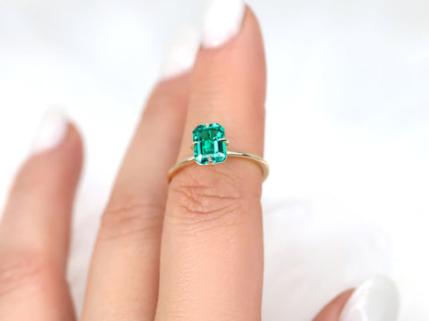 Ready to Ship Ruth 8x6mm 14kt Yellow Gold Green Emerald Talon Prong Emerald Cut Solitaire Ring