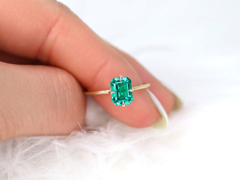 Ready to Ship Ruth 8x6mm 14kt Yellow Gold Green Emerald Talon Prong Emerald Cut Solitaire Ring