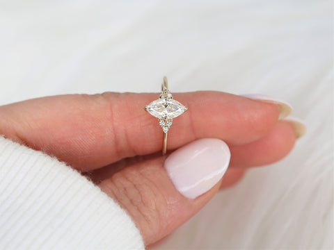 1ct Charlie 10x5mm 14kt Gold Moissanite Diamonds Dainty 3 Stone Engagement Ring