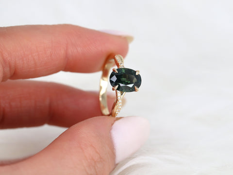 3.24ct Petite Tilly 14kt Gold Moss Teal Sapphire Criss Cross Oval Engagement Ring