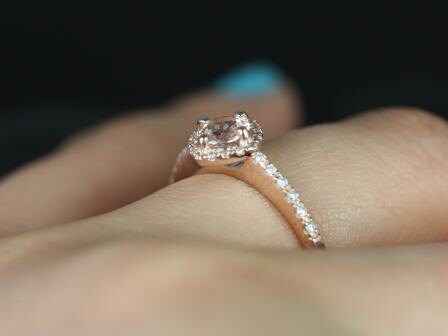 Kitana 5mm 14kt Rose Gold Round Morganite Diamonds Dainty Petite Kite Cushion Halo Engagement Ring