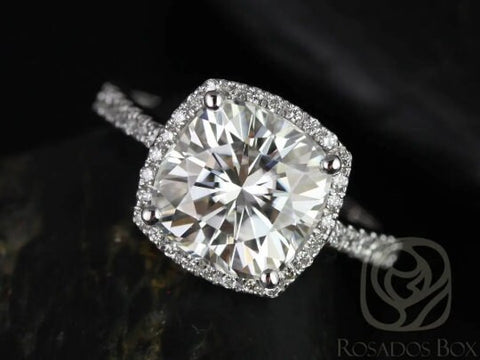 SALE Rosados Box Ready to Ship Randi 9mm 14kt White Gold Cushion Cut FB Moissanite and Diamonds Halo Engagement Ring