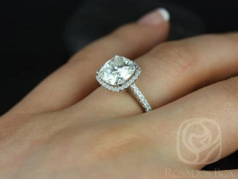 SALE Rosados Box Ready to Ship Randi 9mm 14kt White Gold Cushion Cut FB Moissanite and Diamonds Halo Engagement Ring