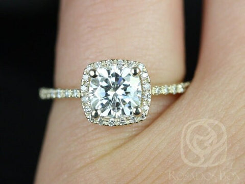 Rosados Box Ready to Ship Randi 6mm 14kt Yellow Gold Cushion Forever One Moissanite and Diamond Halo Engagement Ring