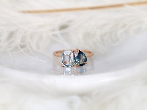 3.17ct Gemini 14kt Rose Gold Ocean Teal Sapphire Toi Et Moi Ring,Two Stone Ring,September Birthstone Ring,Unique Cluster Ring,Gift For Her