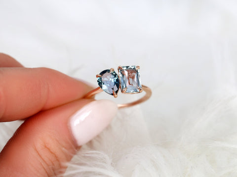 3.17ct Gemini 14kt Rose Gold Ocean Teal Sapphire Toi Et Moi Ring,Two Stone Ring,September Birthstone Ring,Unique Cluster Ring,Gift For Her