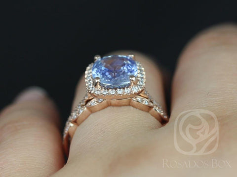 3.72cts Ready to Ship Romani & Christie 14kt Rose Gold Silver Cornflower Blue Sapphire Diamond Art Deco Halo Bridal Set