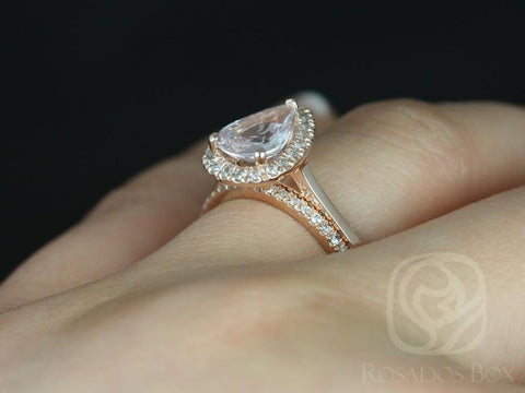 1.78ct Ready to Ship Julie 1.78cts & Swt Hrt Kubian 14kt Rose Gold Icy Blush Sapphire Diamond Pear Halo Bridal Set