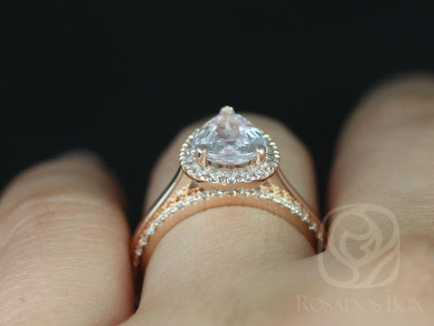 1.78ct Ready to Ship Julie 1.78cts & Swt Hrt Kubian 14kt Rose Gold Icy Blush Sapphire Diamond Pear Halo Bridal Set