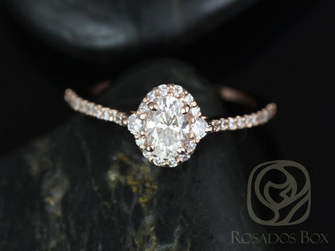 0.50ct  Bridgette 6x4mm 14kt Solid Rose Gold Forever One Moissanite Diamonds 3 Stone Unique Oval Halo Engagement Ring