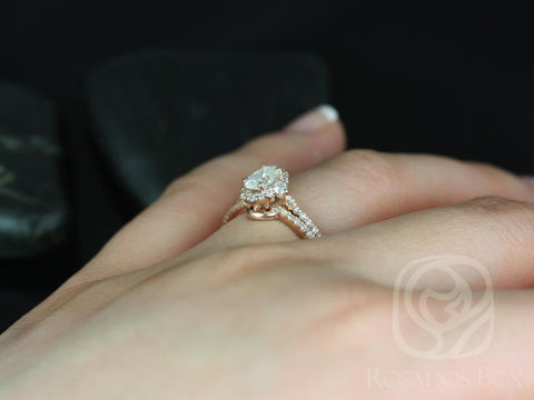 0.50ct Oval Forever One Moissanite Diamonds 3 Stone Unique Halo Bridal Set,14kt Solid Rose Gold,Bridgette 6x4mm