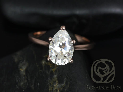 2ct Skinny Jane 10x7mm 14kt Rose Gold Forever One Moissanite Minimalist Tapered Cathedral Pear Solitaire Engagement Ring,Rosados Box