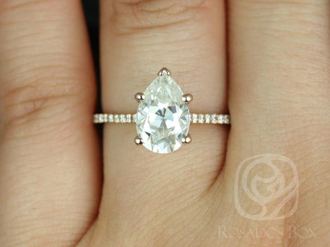 2ct Ann 10x7mm 14kt Rose Gold Forever One Moissanite Diamond Dainty Minimalist Pave Cathedral Pear Engagement Ring