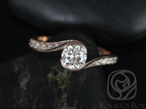 0.60ct Odala 5.5mm 14kt Rose Gold Forever One Moissanite Diamonds Pave Bypass Twisted Round Engagement Ring
