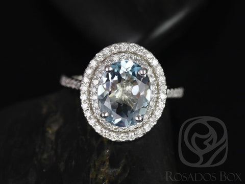 Cara 10x8mm 14kt Solid White Gold Aquamarine Diamonds Dainty Pave Oval Double Halo Engagement Ring,Rosados Box